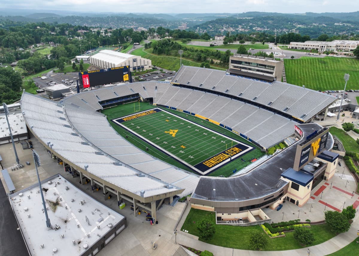 An aerial view of Mountaineer Field at Milan Puskar Stadium and the hills around Morgantown.